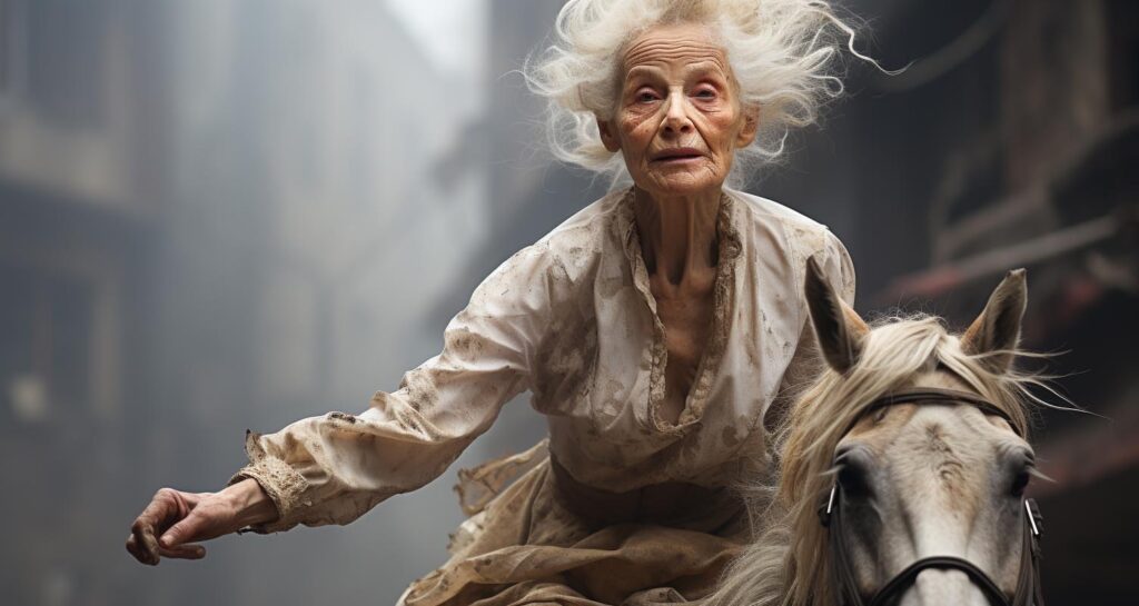 Example 1: /imagine a portrait of a scary and super old ballerina on a horse, minimalist, skyscrapers, hyper-realistic --ar 15:8 --stylize 1000 --quality 5