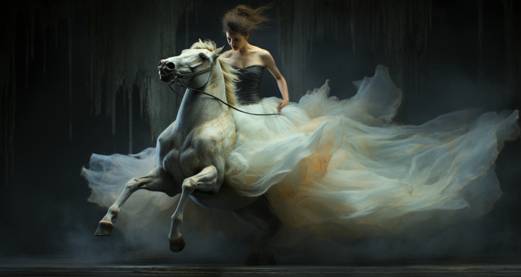 Example 2: /imagine Ballerina is spinning on a horse --ar 15:8 --stylize 1000 --weird 250