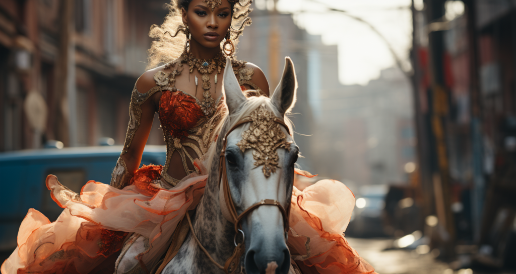 Example 3: /imagine a Black African Female Ballerina with red eyes on a horse in Dumbo Brooklyn, hot orange, hot lime --ar 15:8 --stylize 1000 --quality 5