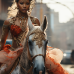 Example 3: /imagine a Black African Female Ballerina with red eyes on a horse in Dumbo Brooklyn, hot orange, hot lime –ar 15:8 –stylize 1000 –quality 5