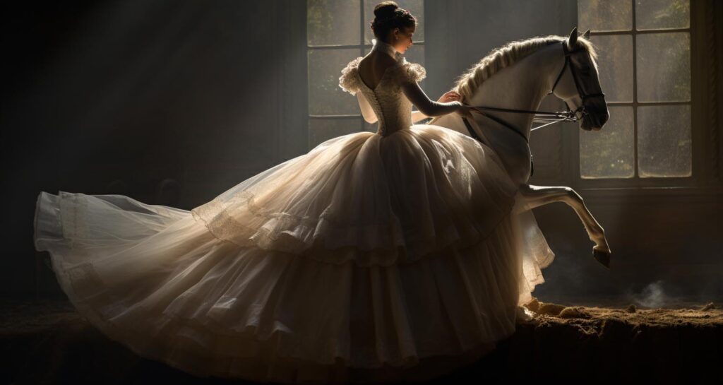 Example 3: /imagine Ballerina is spinning on a horse --ar 15:8 --stylize 1000 --weird 250 --style raw --quality 5 --no face