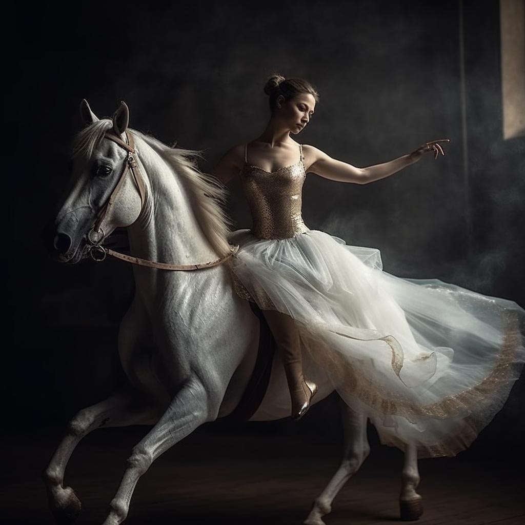 Example 1: /imagine Ballerina is spinning on a horse --v 5
