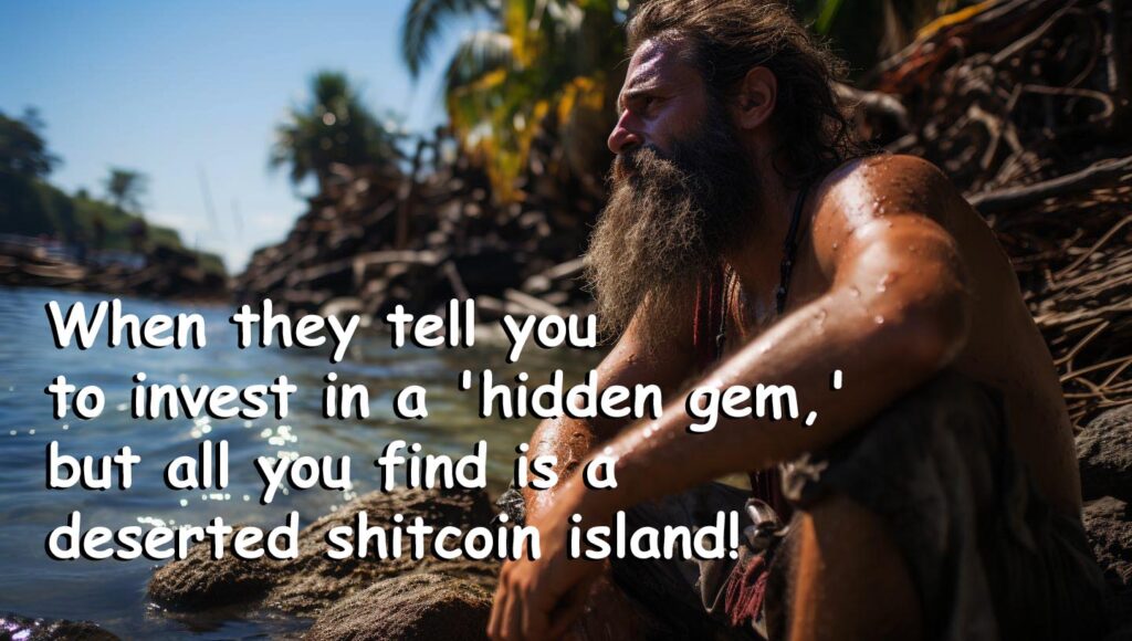 Crypto Meme 4: When they tell you to invest in hidden gems but you end up on a deserted island full of shitcoins